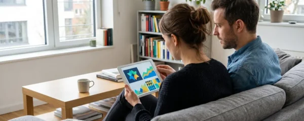 Un couple trentenaire assis sur un canapé moderne consulte une tablette ensemble dans un salon lumineux avec grande fenêtre