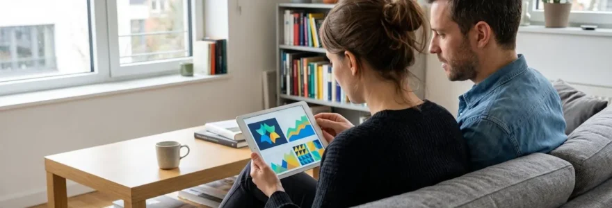 Un couple trentenaire assis sur un canapé moderne consulte une tablette ensemble dans un salon lumineux avec grande fenêtre