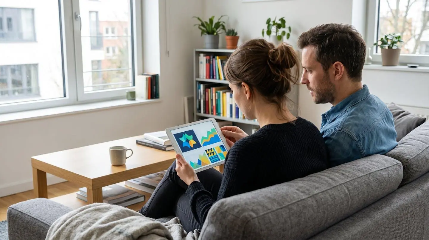 Un couple trentenaire assis sur un canapé moderne consulte une tablette ensemble dans un salon lumineux avec grande fenêtre