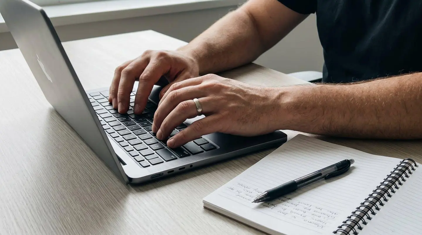 Gros plan sur des mains tapant sur un clavier d'ordinateur portable moderne, avec un carnet ouvert et un stylo posés à côté sur un bureau épuré