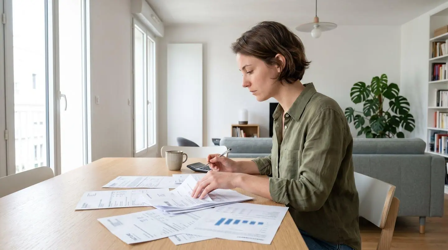 Vue de profil d'une personne consultant attentivement des documents financiers étalés sur une table moderne, lumière naturelle latérale, mains en focus manipulant les papiers