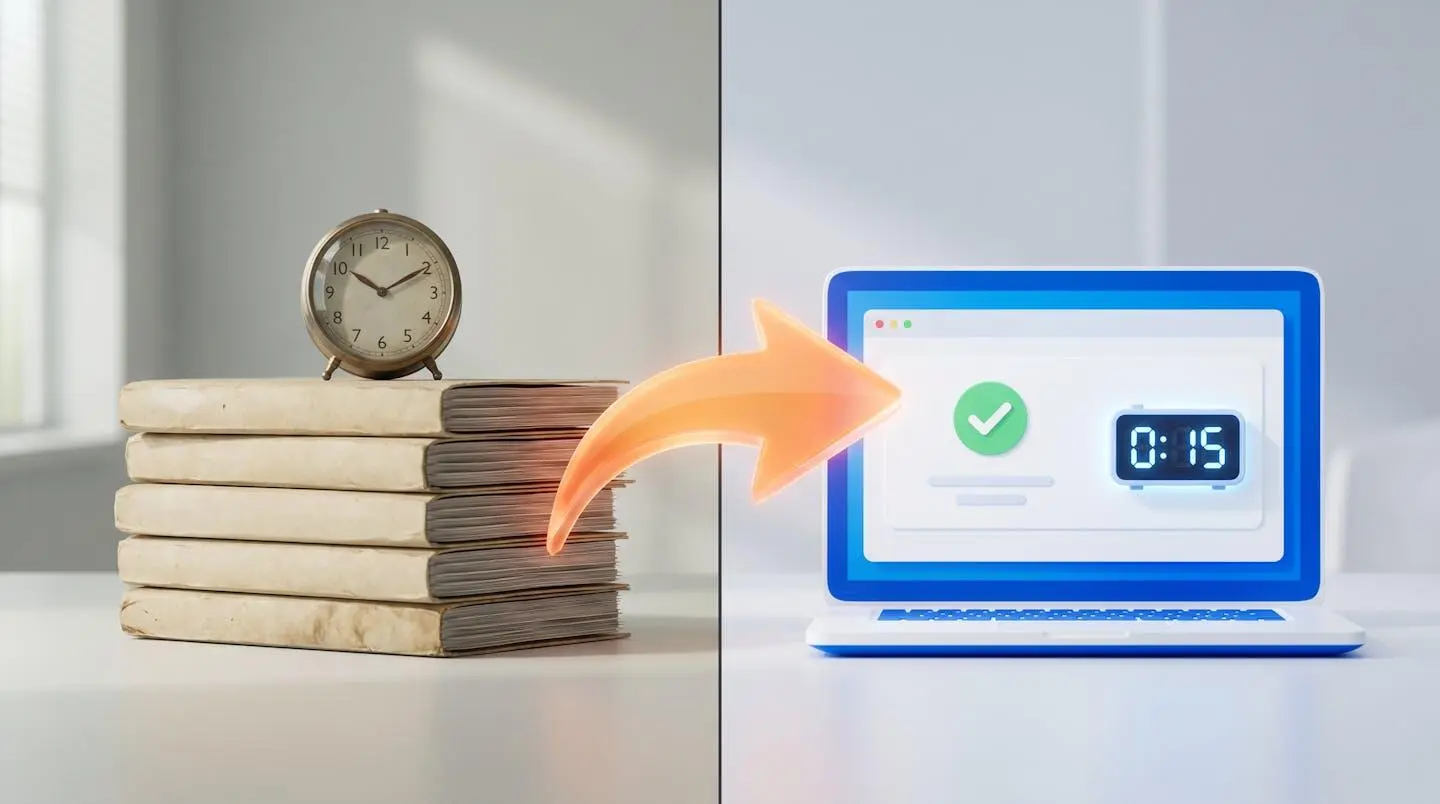 Illustration 3D comparant l'ancien processus papier de création d'entreprise au nouveau processus digitalisé via le guichet unique