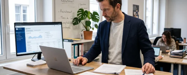 Entrepreneur français organisant la structure bancaire de son entreprise lors de sa première embauche