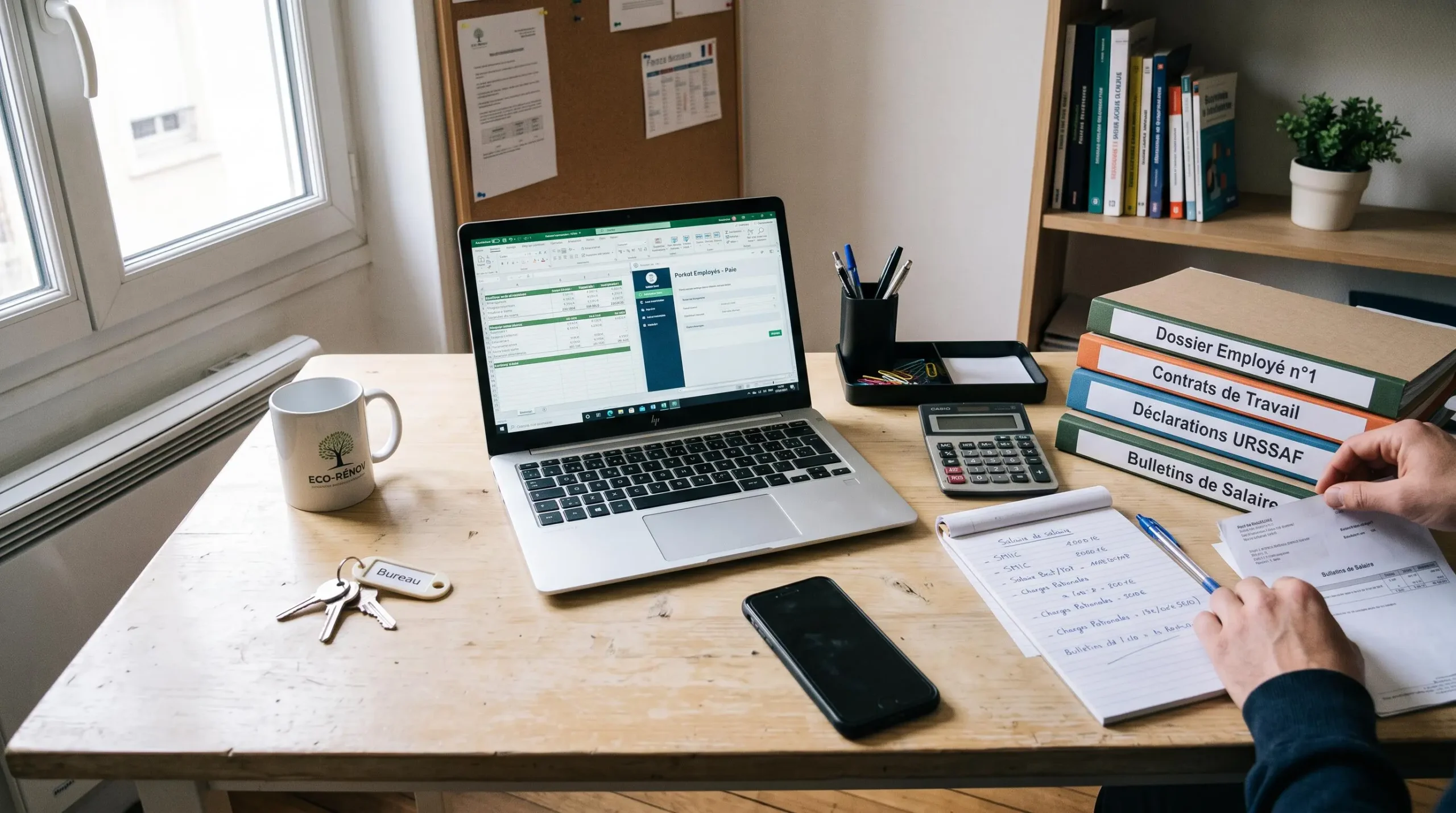 Espace de travail organisé montrant les outils de gestion bancaire et administrative pour la première embauche